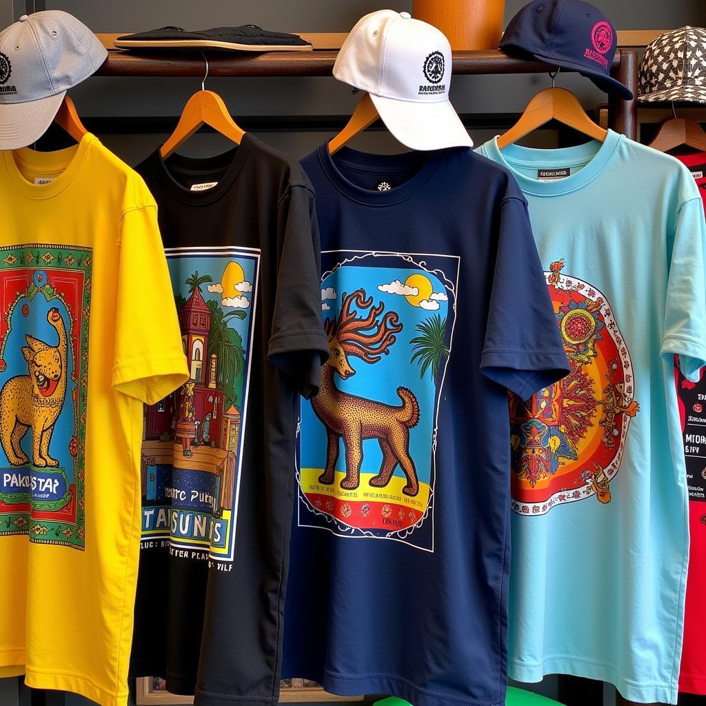 Display of vibrant and stylish apparel from a local Pakistani surf brand.