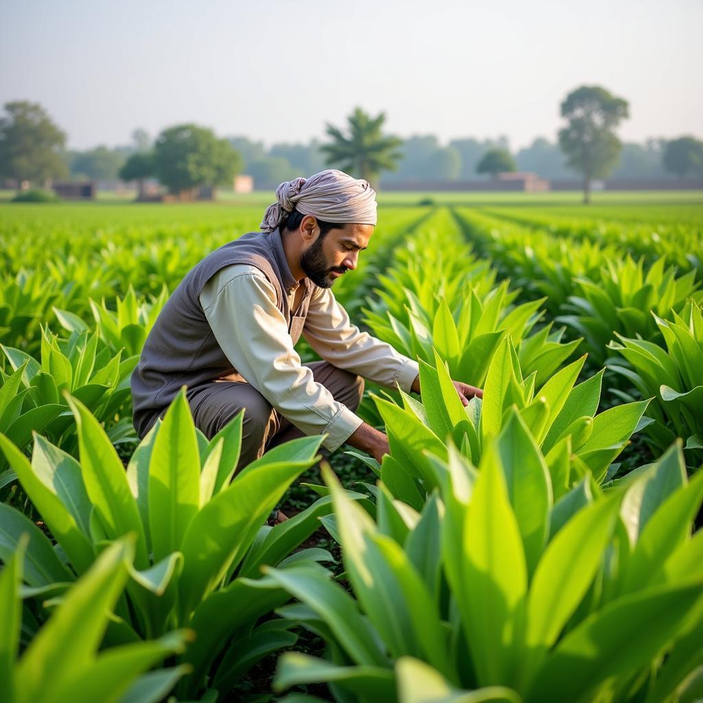 Makai Farming in Punjab: A farmer tends to his makai crop in the fertile fields of Punjab, Pakistan.