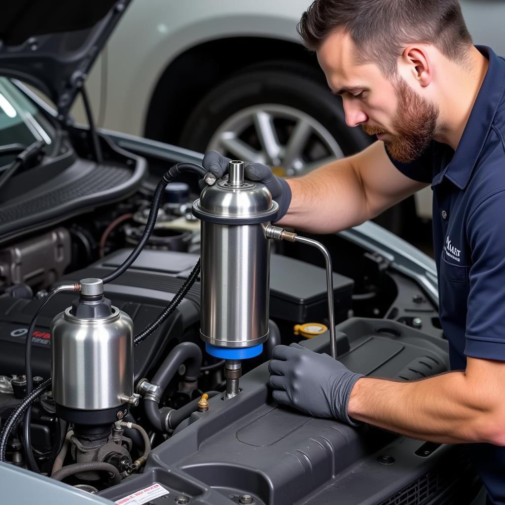 Mechanic Using Injector Cleaner Machine