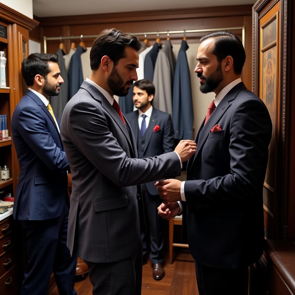 Men trying on suits in a Pakistani tailor shop