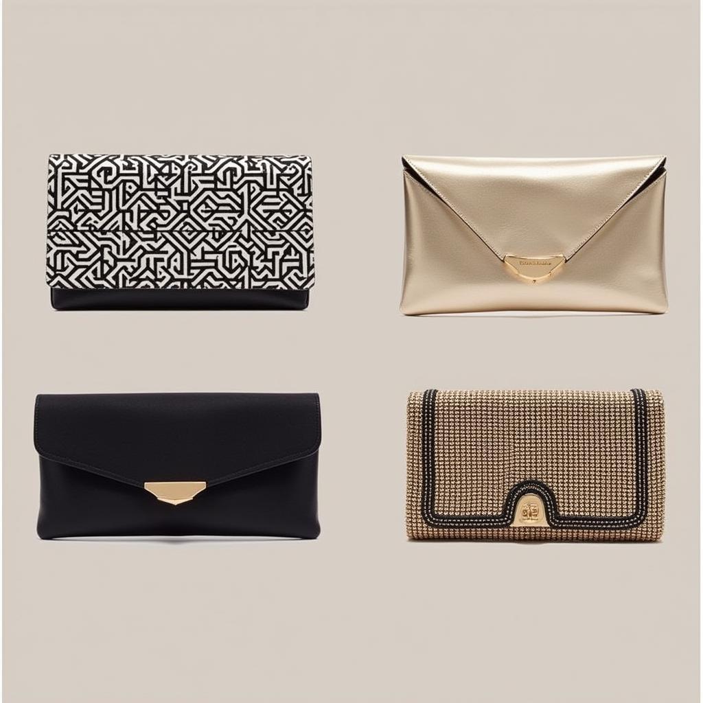 Modern Pakistani Clutch Designs featuring geometric patterns and metallic finishes