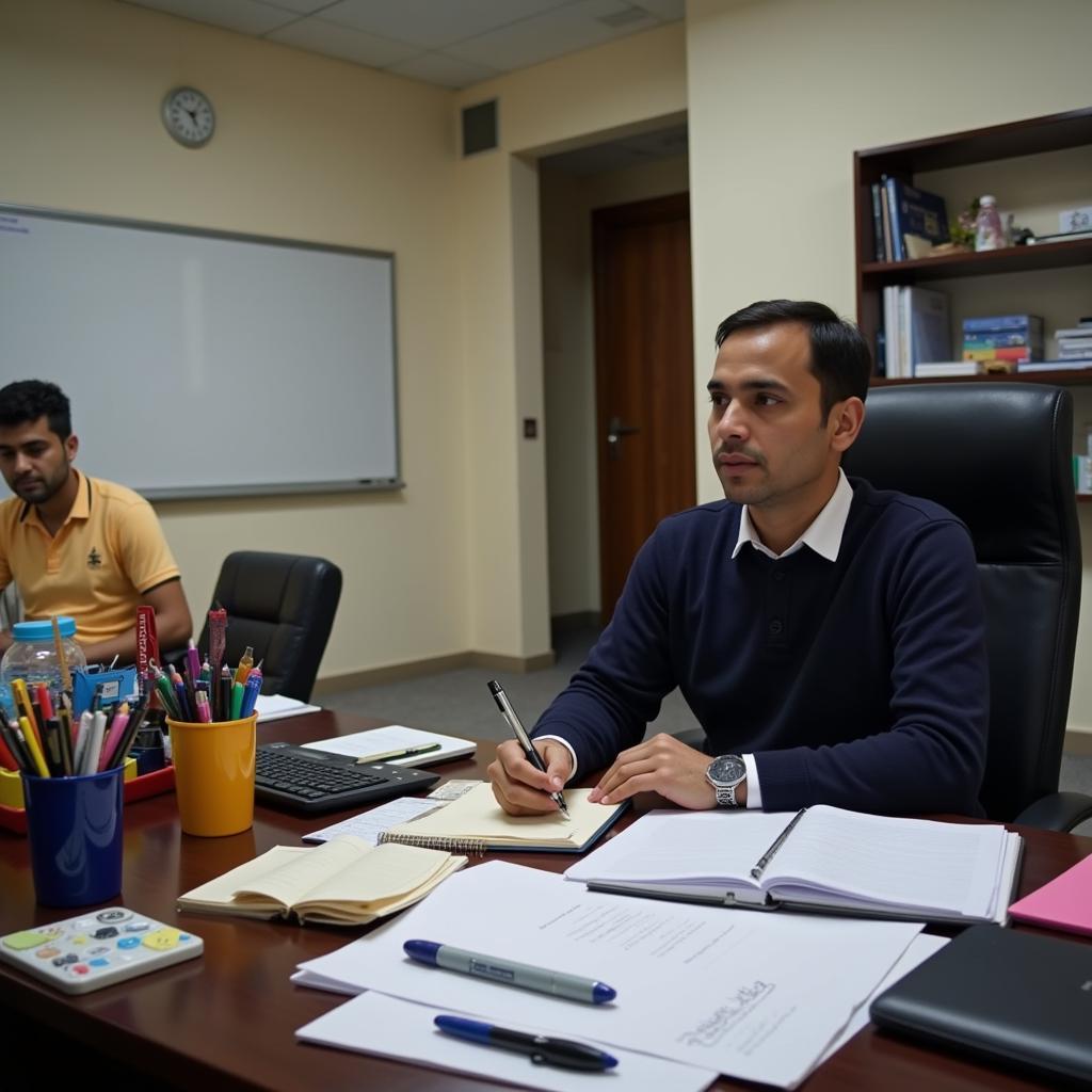 Office worker in Pakistan utilizing stationery for daily tasks