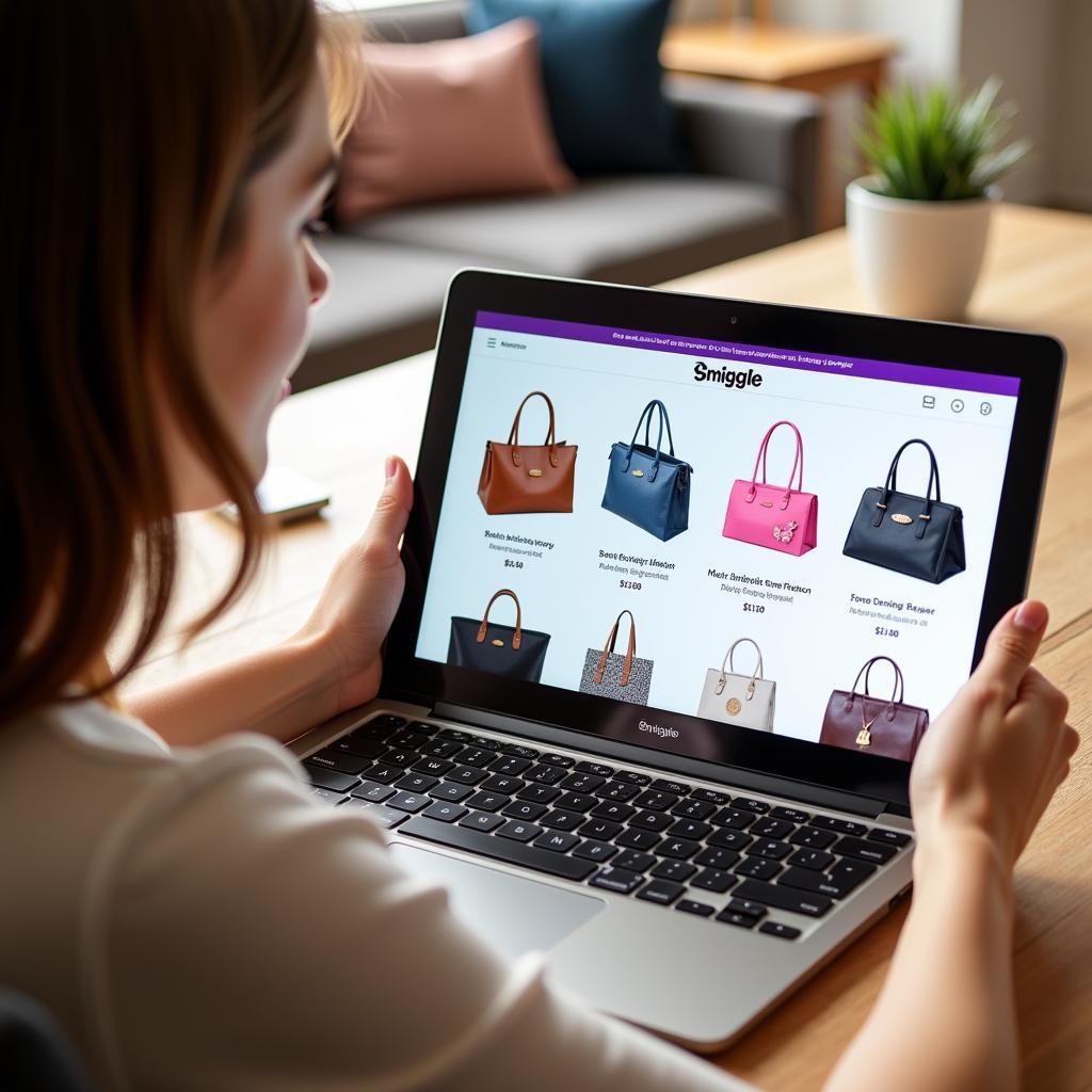 Online Smiggle Shopping in Pakistan: A person browsing Smiggle bags on a laptop.