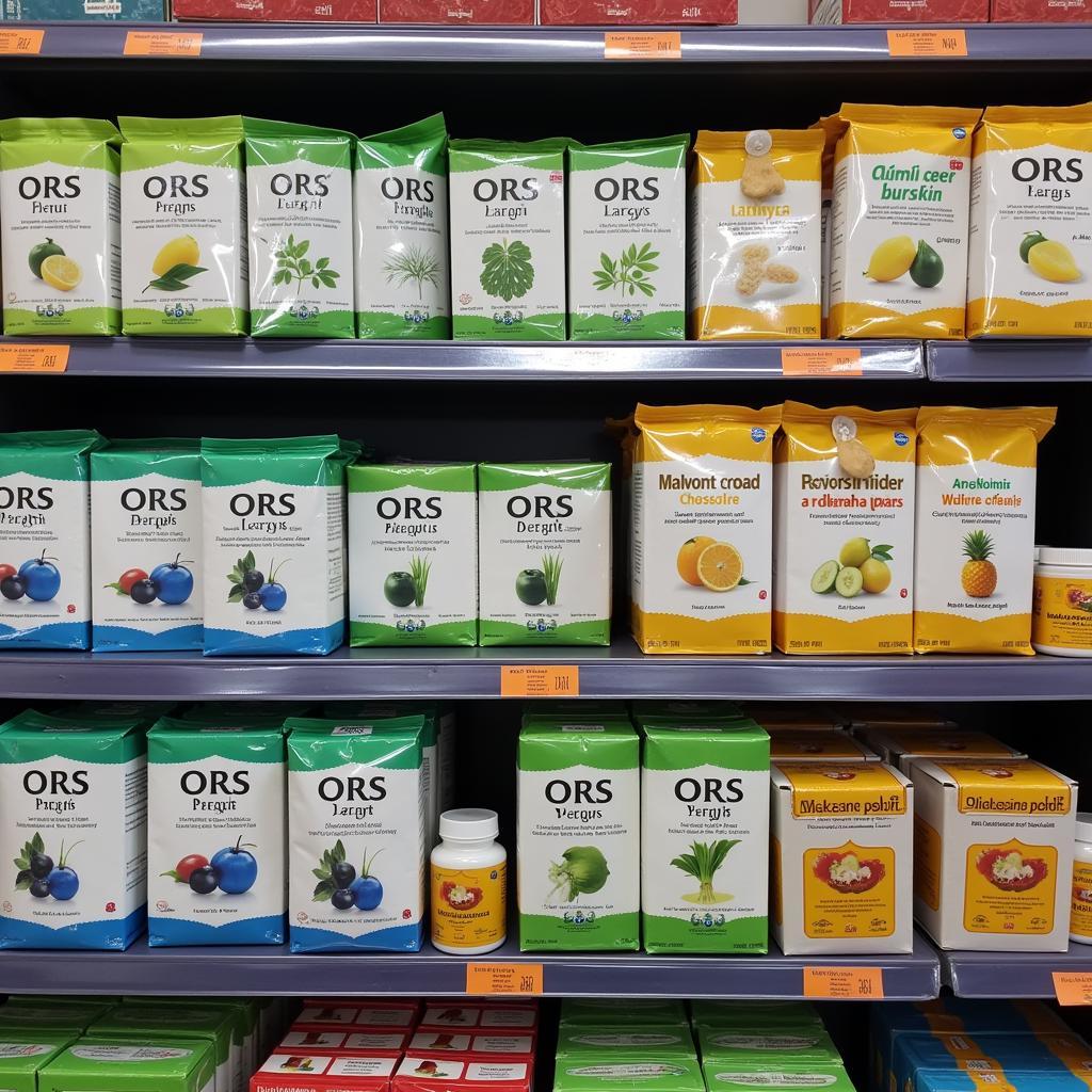 ORS packets on display at a pharmacy in Pakistan