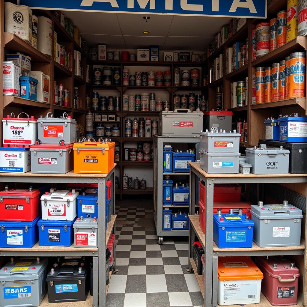 A typical battery dealer shop in Pakistan displaying various brands and sizes of batteries.