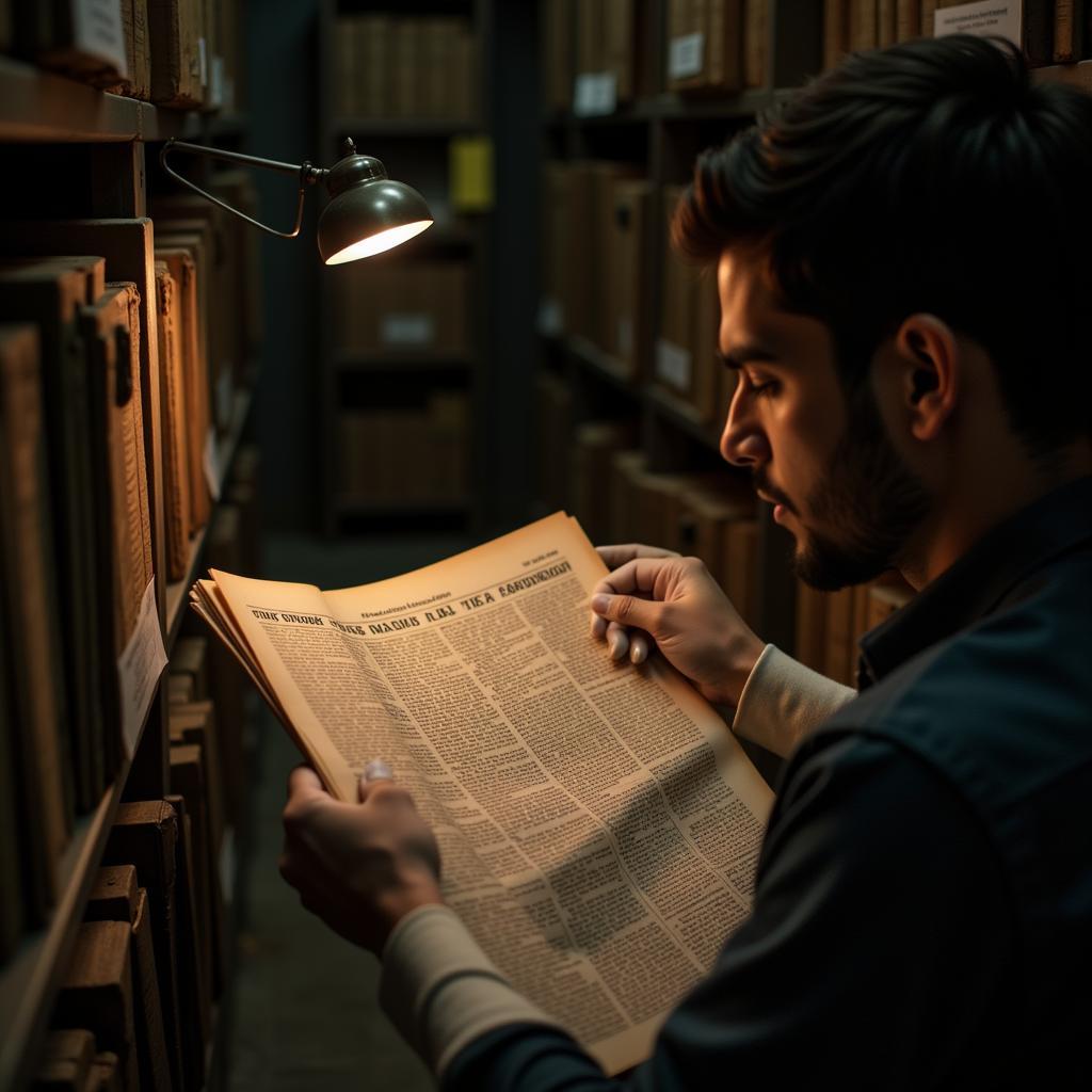 A researcher examines a fragile newspaper in the dimly lit archives of a historical library in Pakistan.