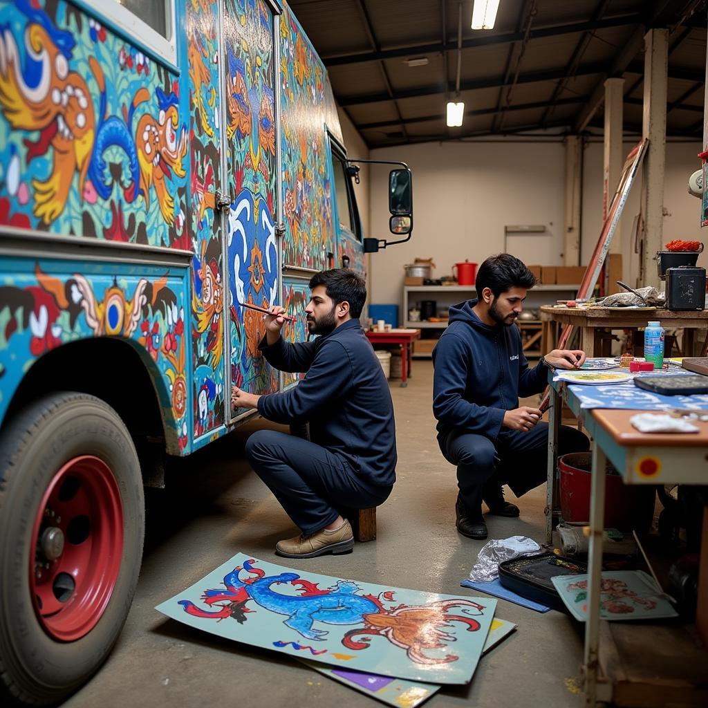 Pakistani truck artists working on a truck's decoration