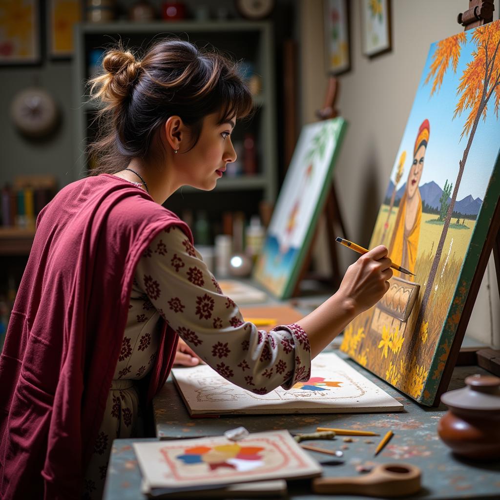 Pakistani Artist Working on Canvas