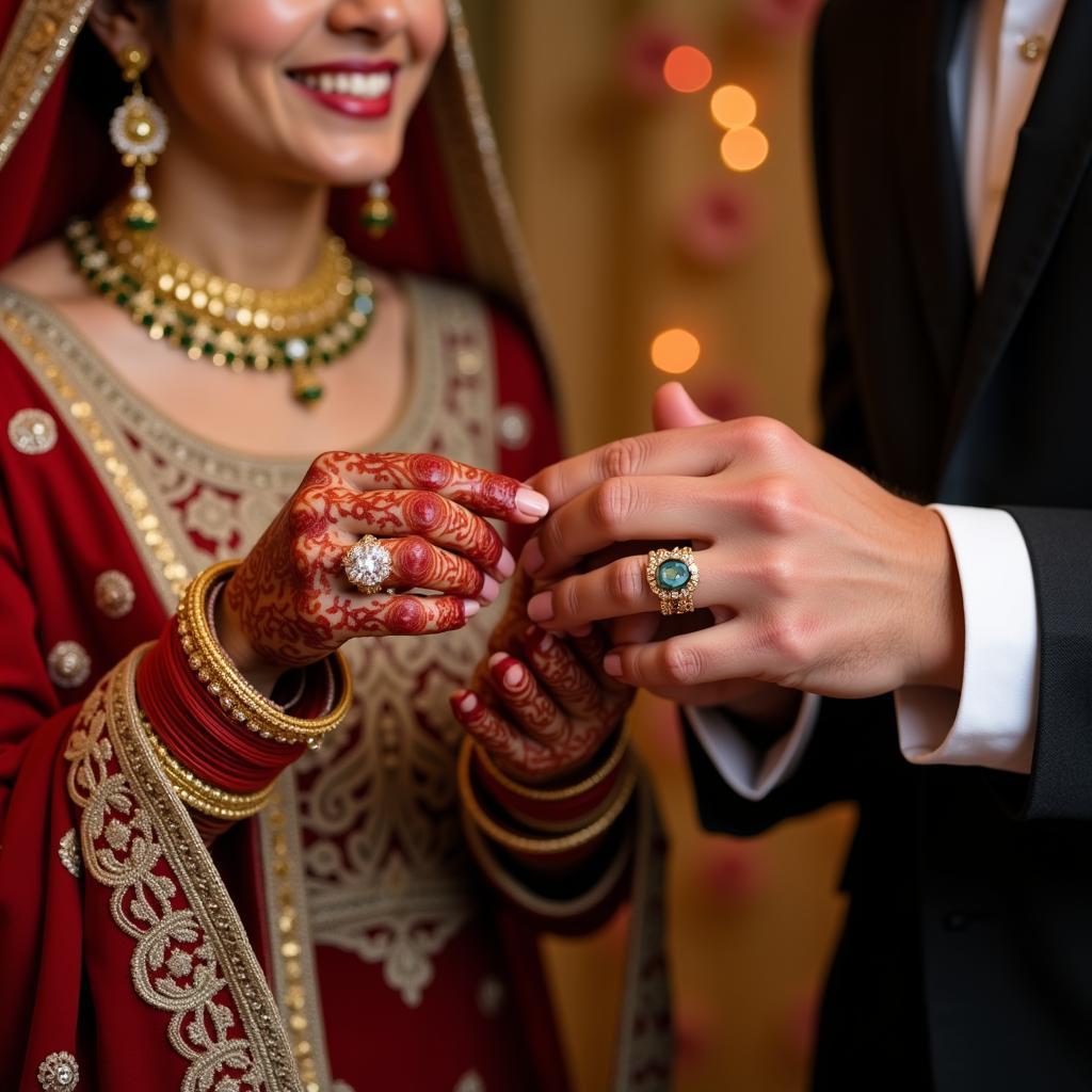 A Pakistani bride and groom exchanging rings during their wedding ceremony.