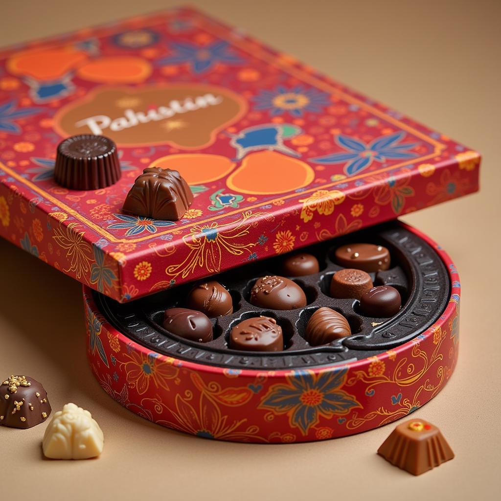 A beautifully decorated gift box filled with Pakistani chocolates.