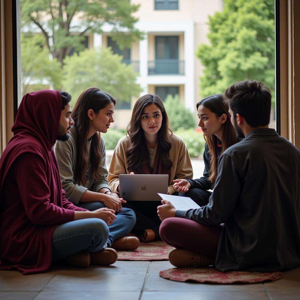 Pakistani college students engaged in a discussion about social issues, potentially related to relationships and sexuality.