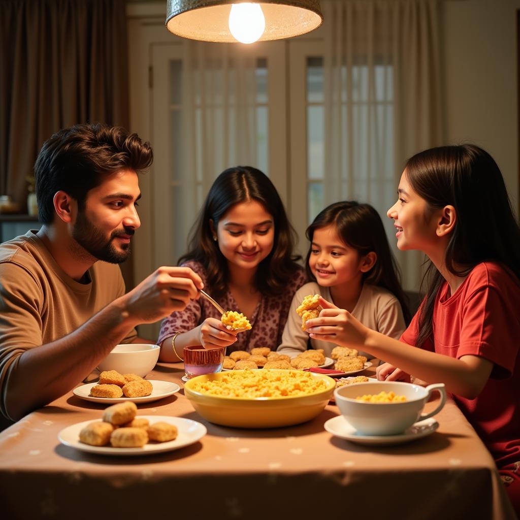 A Pakistani family enjoying corn flakes for breakfast