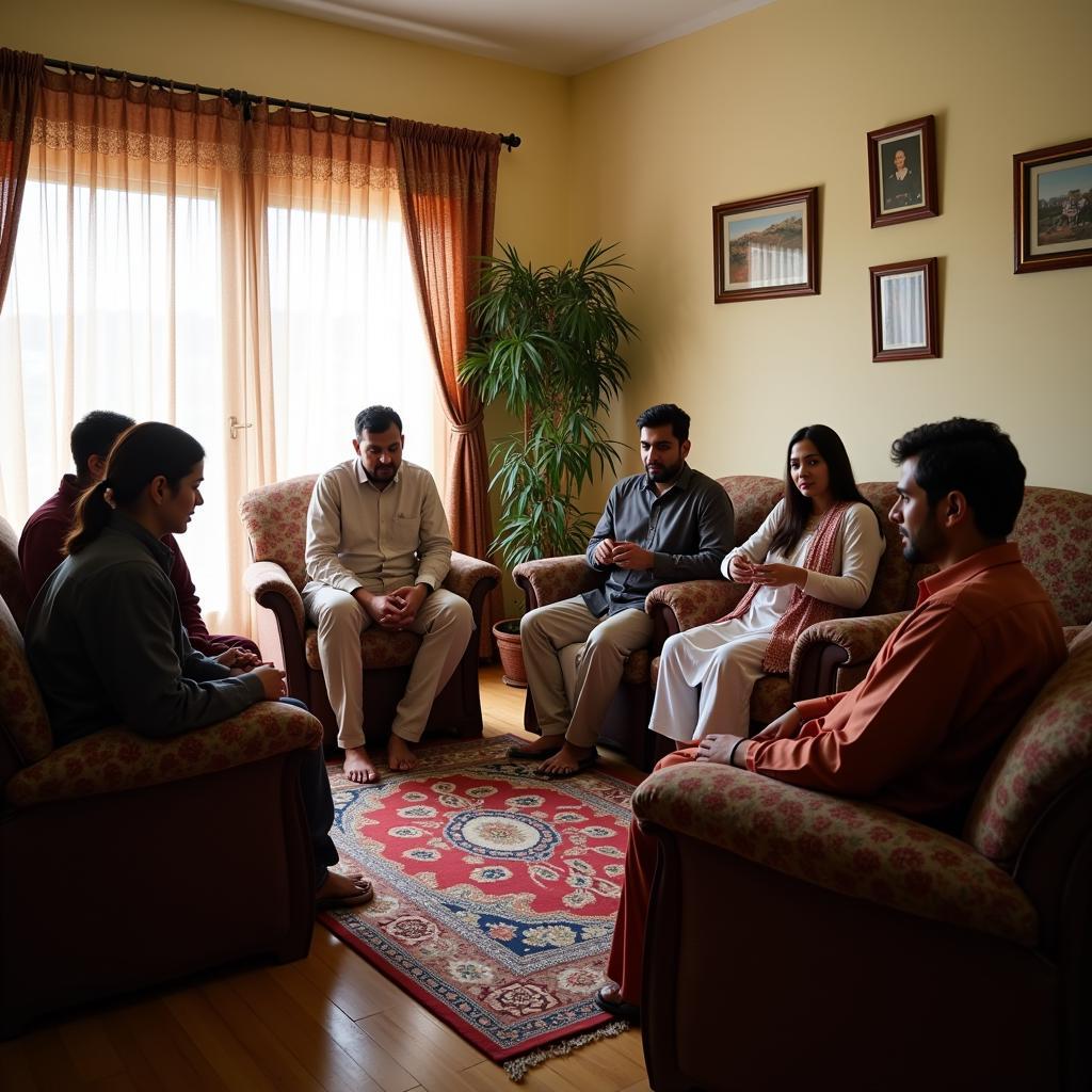 A Pakistani family using plastic chairs in their home.