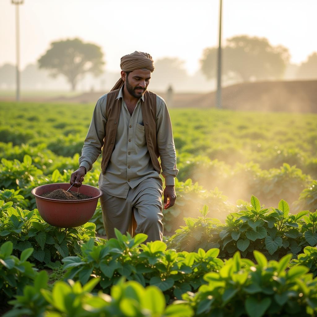 Pakistani Farmer Applying Fertilizer to Crops