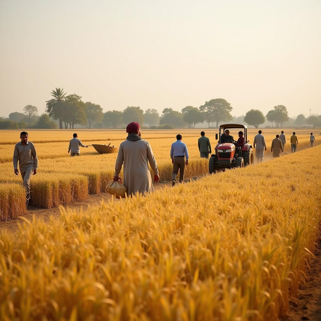 Pakistani Farmers Harvesting Wheat in a Field