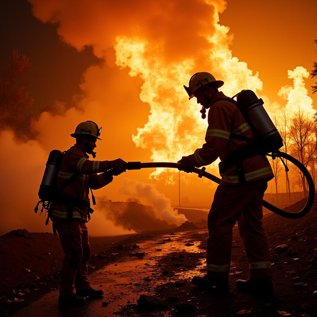 Pakistani Firefighters Extinguishing a Fire with Specialized Equipment