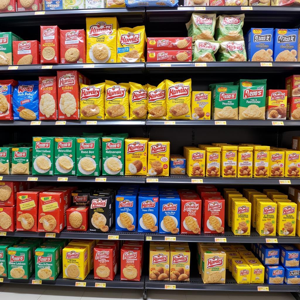 A Pakistani grocery store aisle showcasing various rice cake brands