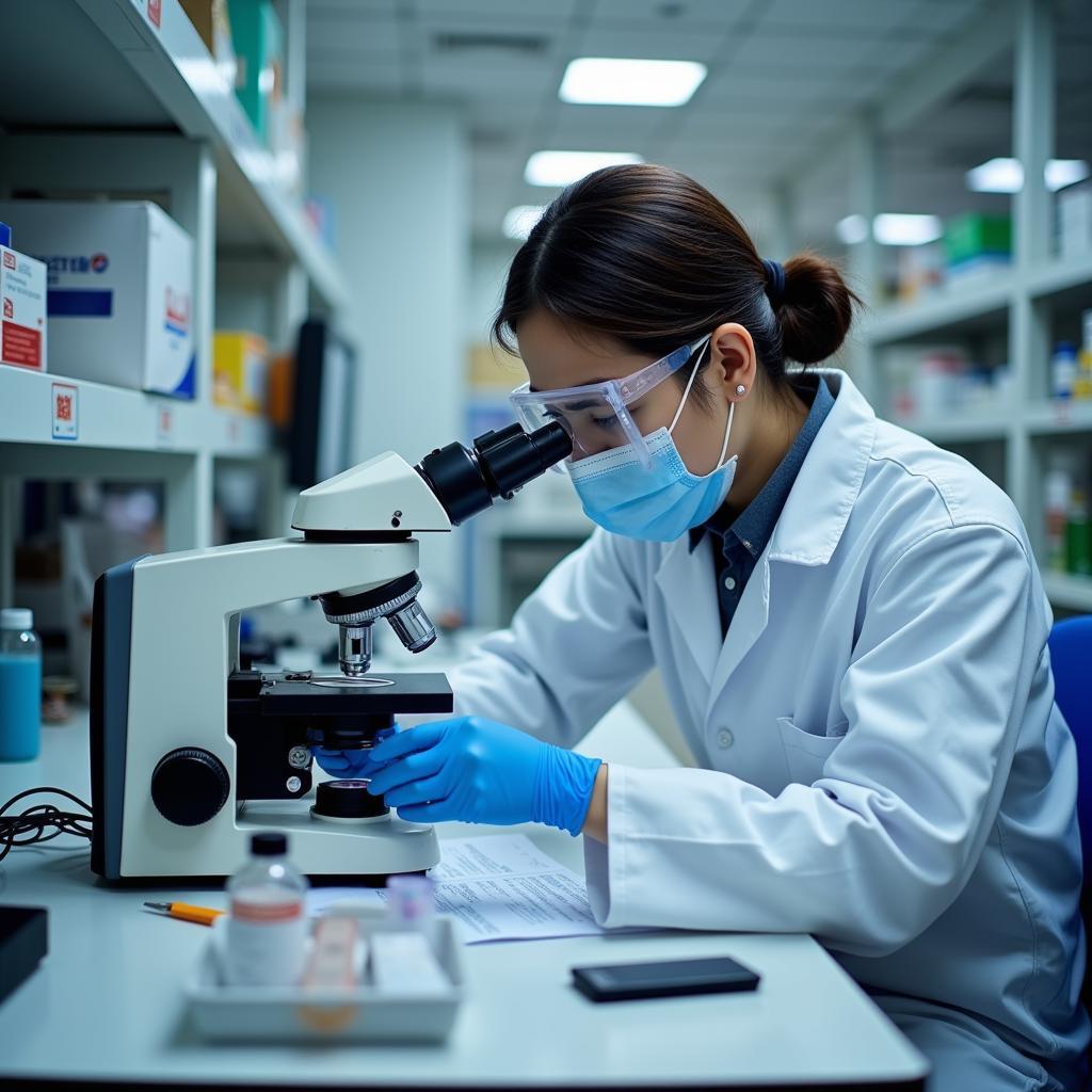 Pakistani lab technician analyzing samples.