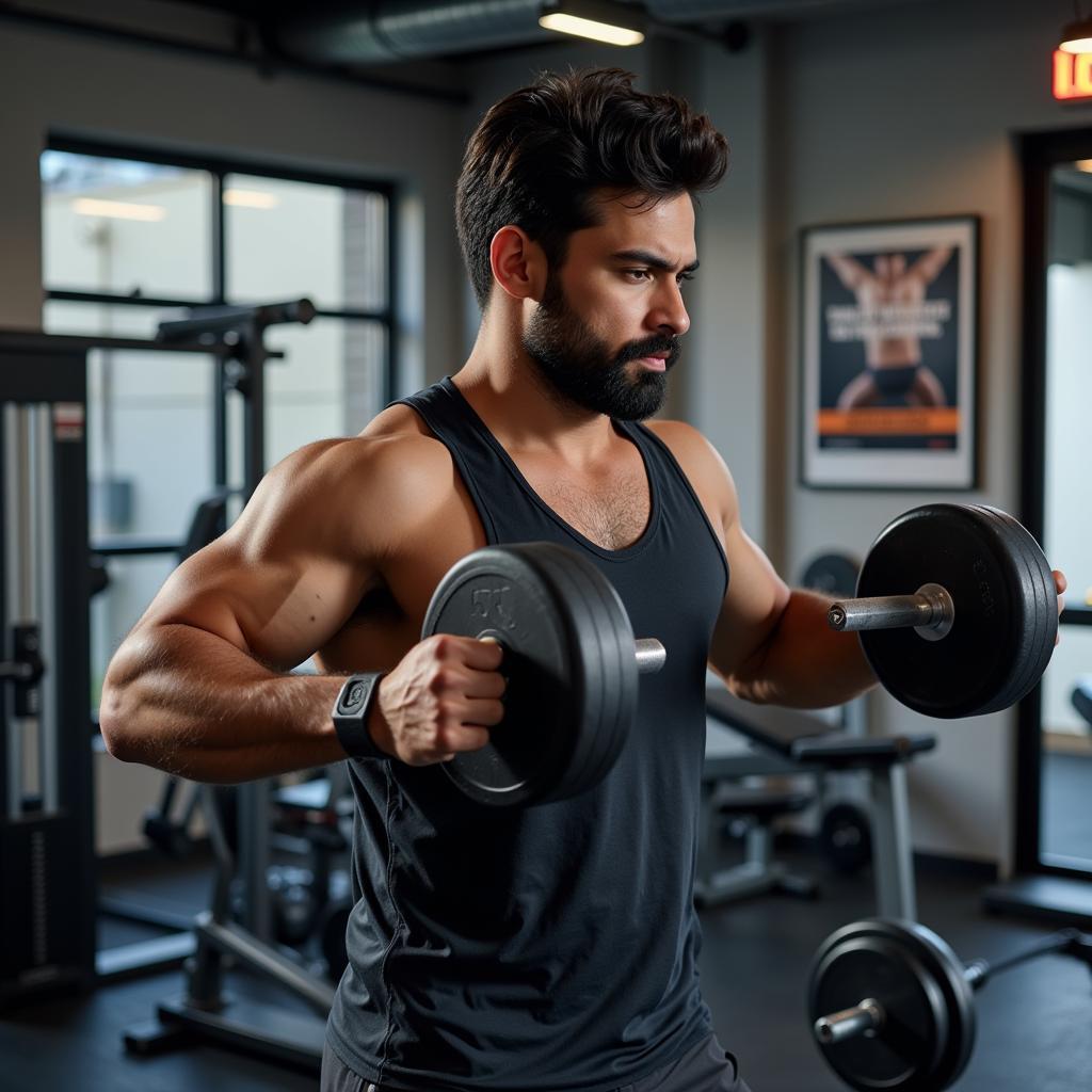 Pakistani Man Lifting Dumbbells in a Gym