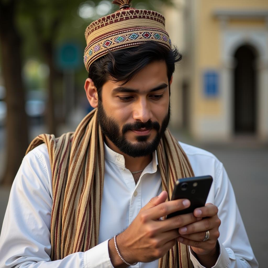 A Pakistani man using a flip phone in a busy market.