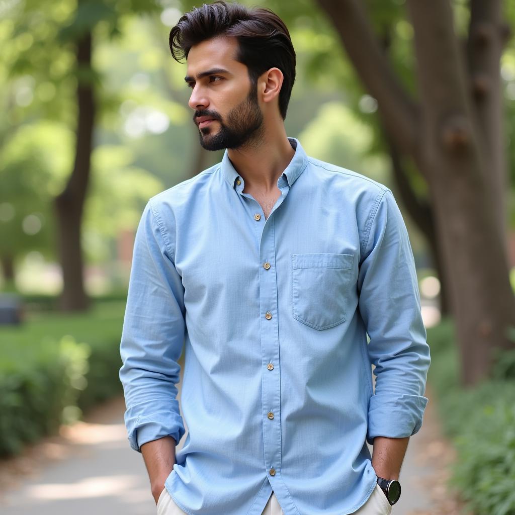 Pakistani man wearing a stylish linen shirt