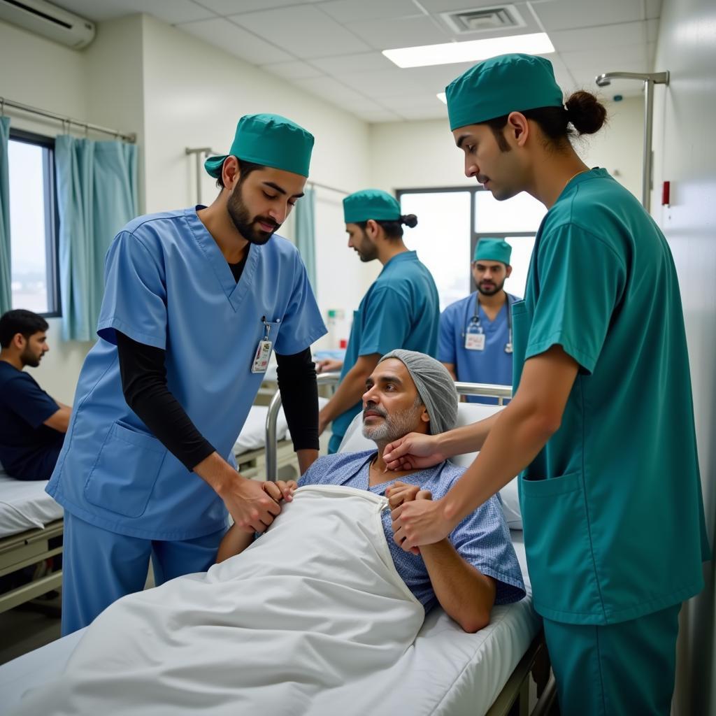 Pakistani medical professionals in scrubs attending to patients in a hospital setting.