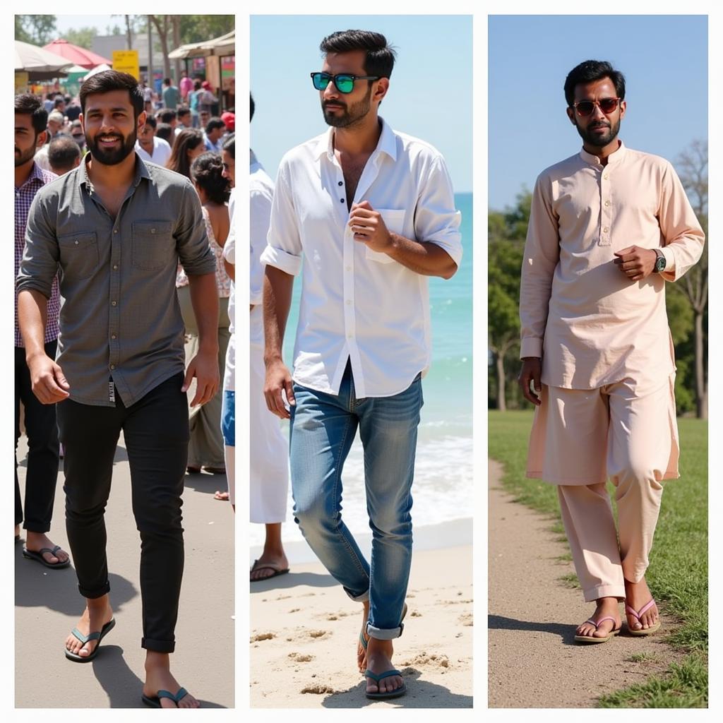 Men wearing flip flops in various settings across Pakistan