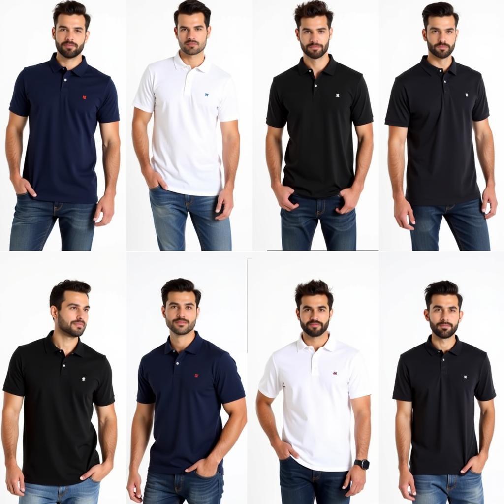 Pakistani men wearing different styles of polo shirts showcasing various colors, fits, and brands.