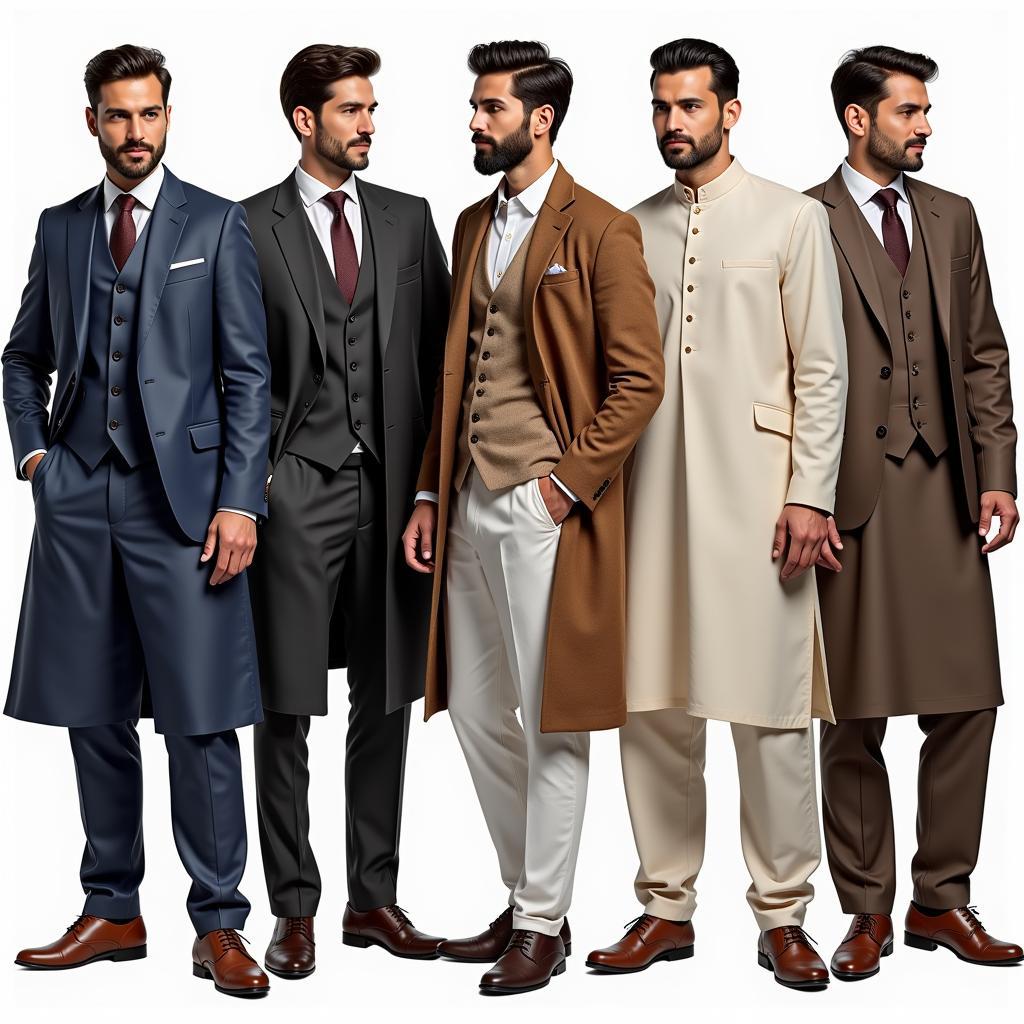 Pakistani men wearing suits in various styles