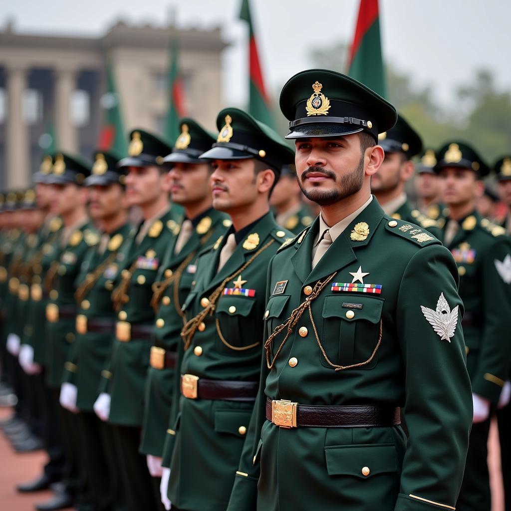 Pakistani military personnel standing in formation during a national ceremony, wearing ceremonial uniforms.