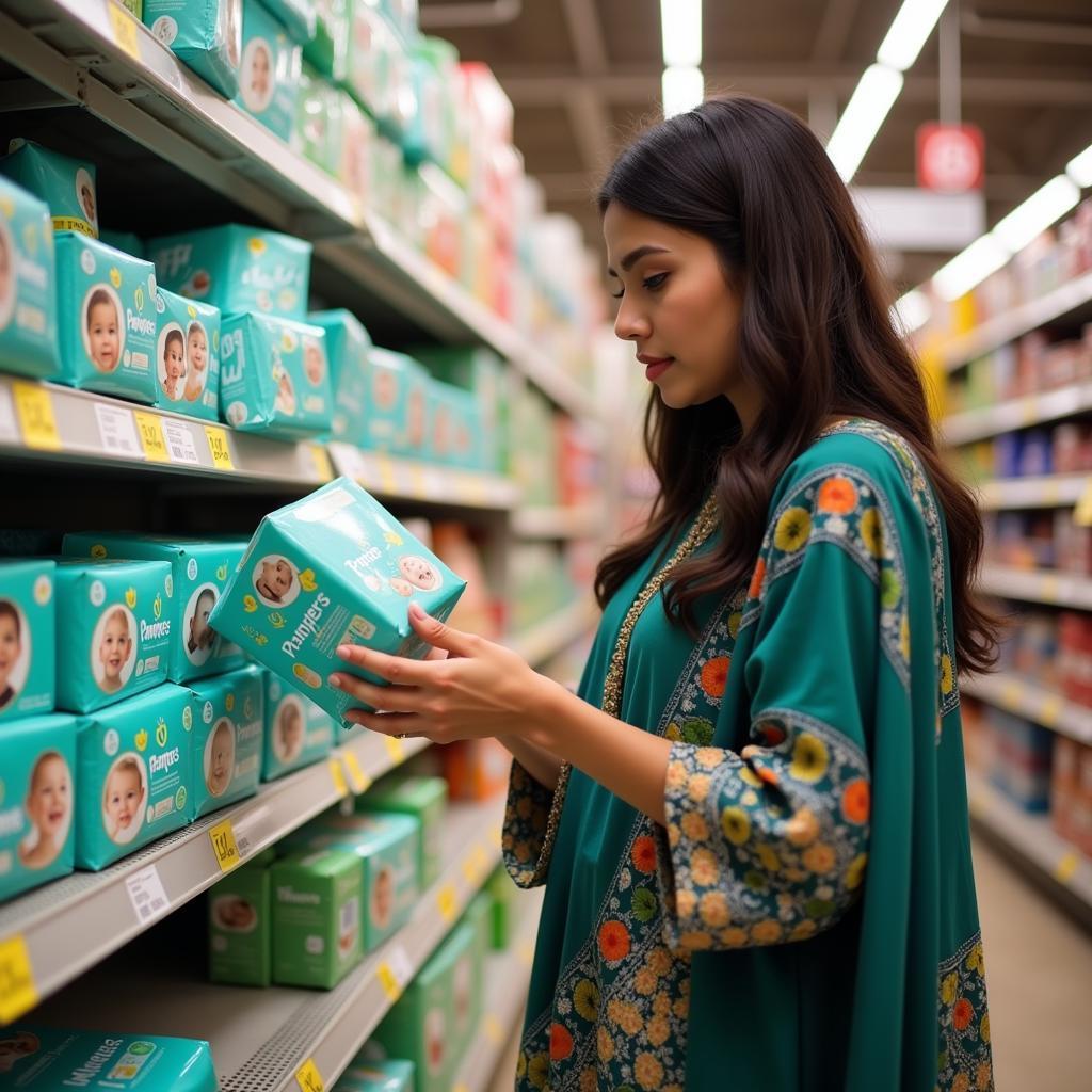 A Pakistani mother shopping for Pampers wipes, comparing prices and checking product details in a supermarket.