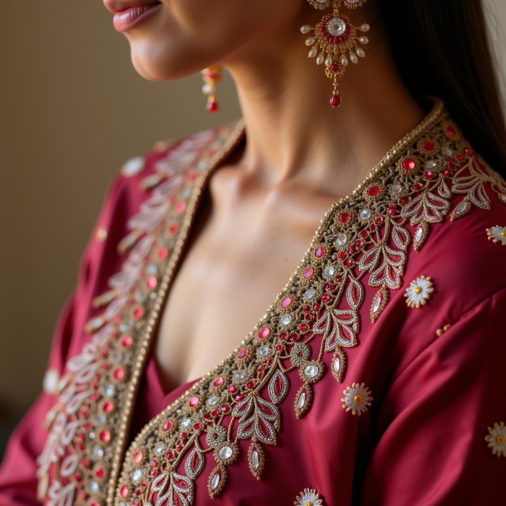 Pakistani Party Wear Embellishments: Close-up of intricate beadwork and embroidery on a luxurious lehenga choli.