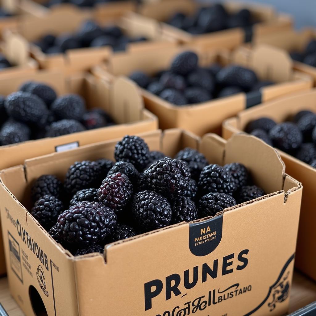 Packages of dried prunes ready for export, showcasing the growing Pakistani prune industry.