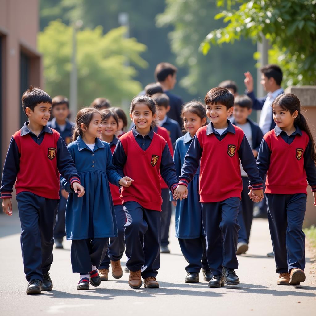 Pakistani school children in uniform, smiling and walking to school together.