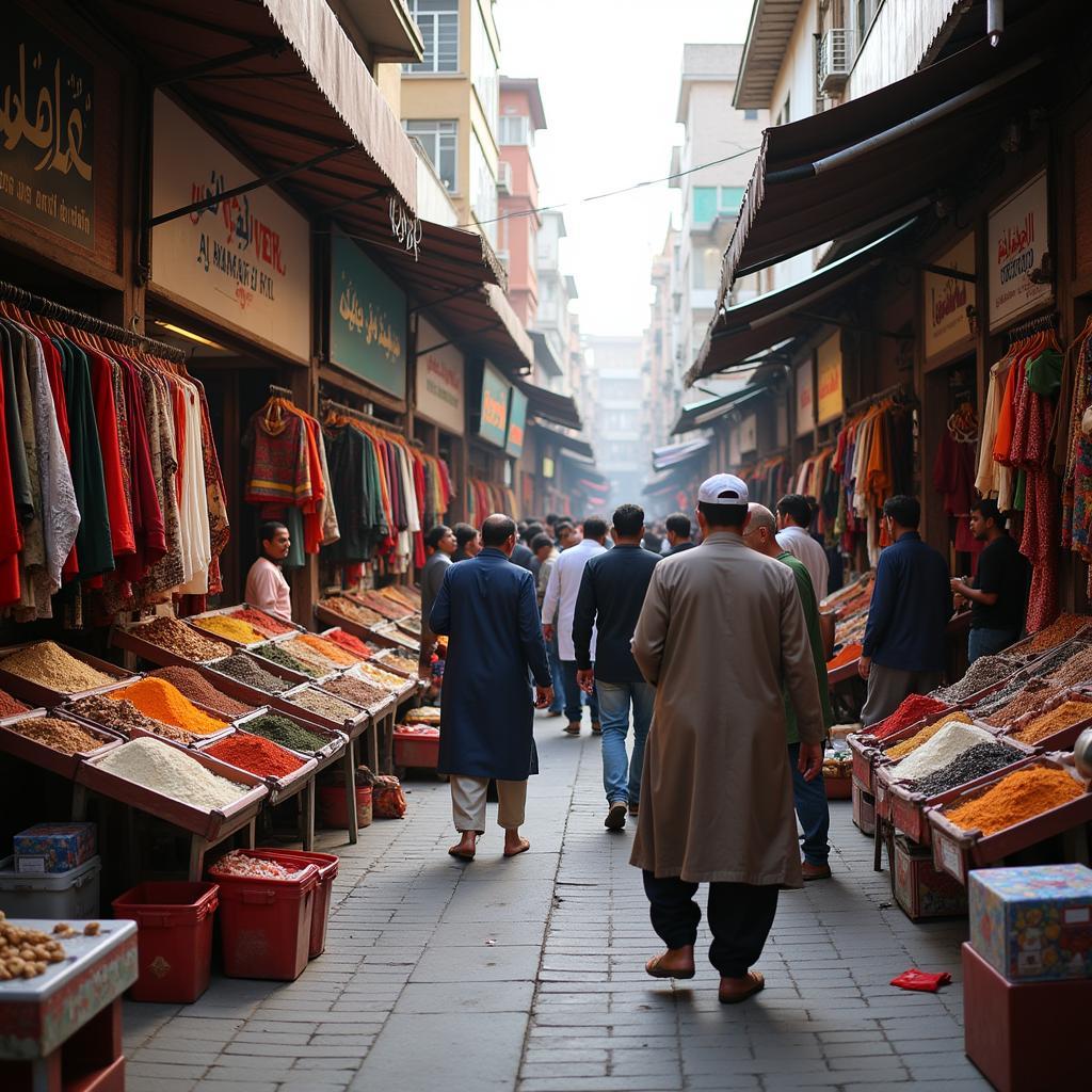 Pakistani street market with vendors selling traditional goods