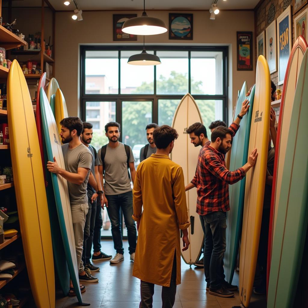 Pakistani surfers carefully examining surfboards at a local surf shop.