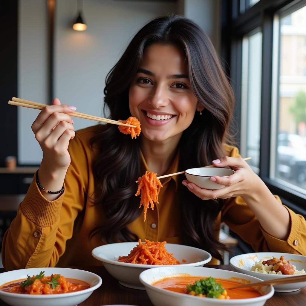 A Pakistani woman enjoying kimchi