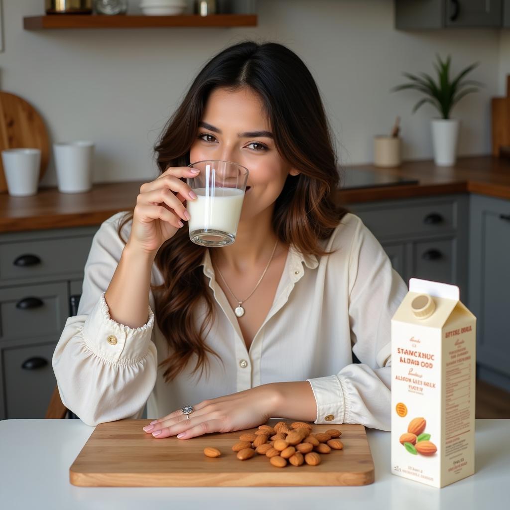 Pakistani woman enjoying a glass of almond milk