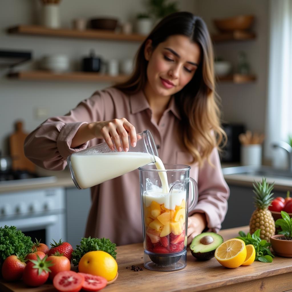 Pakistani Woman Preparing Smoothie with Skimmed Milk