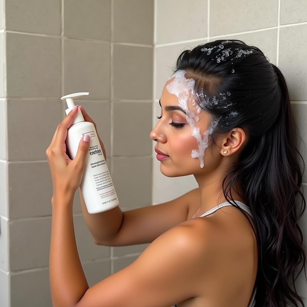 Pakistani woman using clarifying shampoo