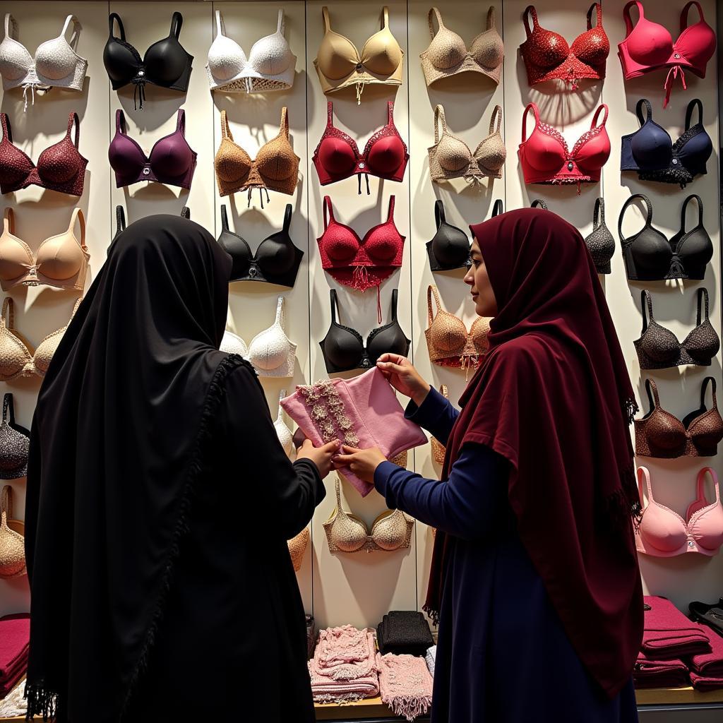 Pakistani women browsing various push up bra styles in a lingerie store.