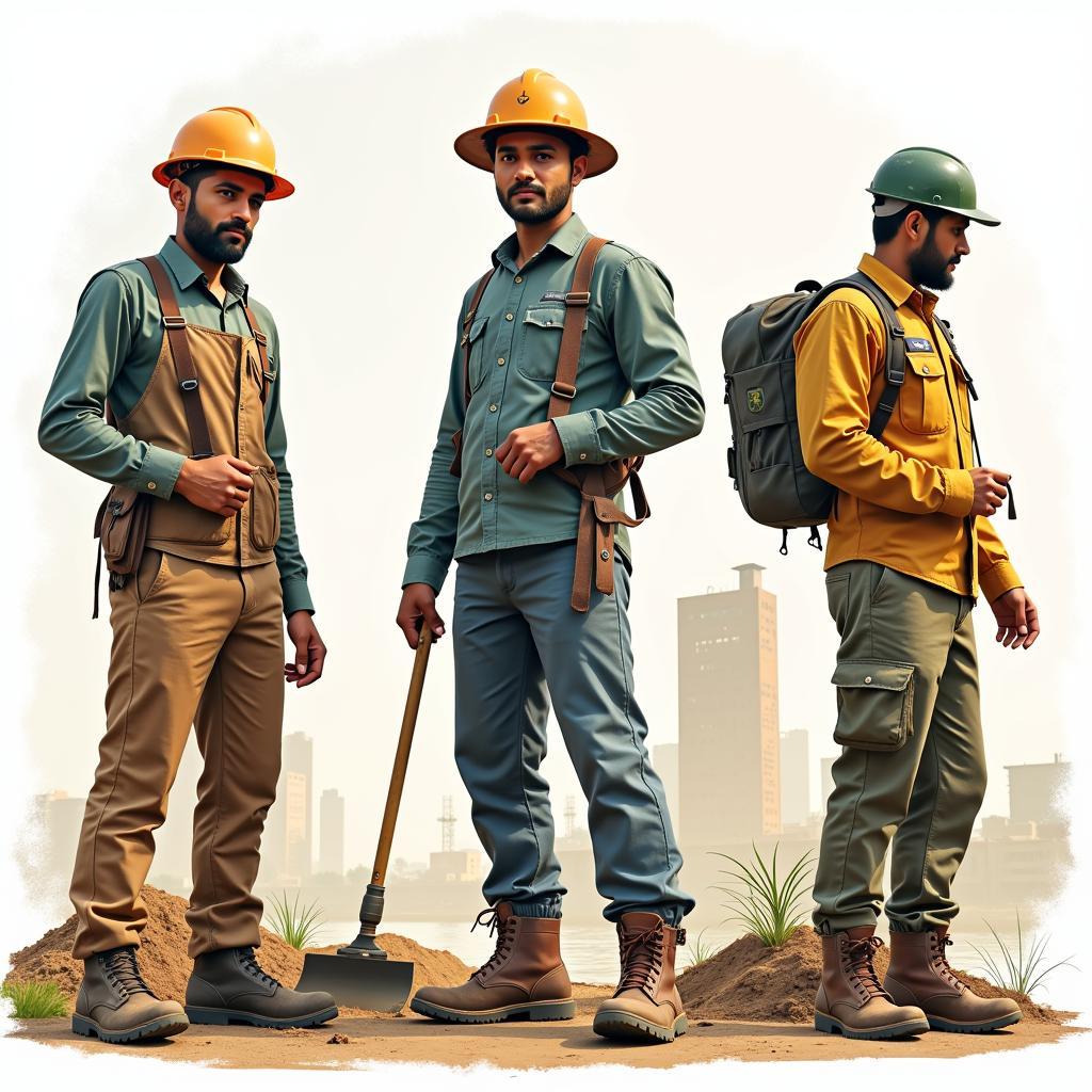 Pakistani workers wearing digger shoes in various work environments