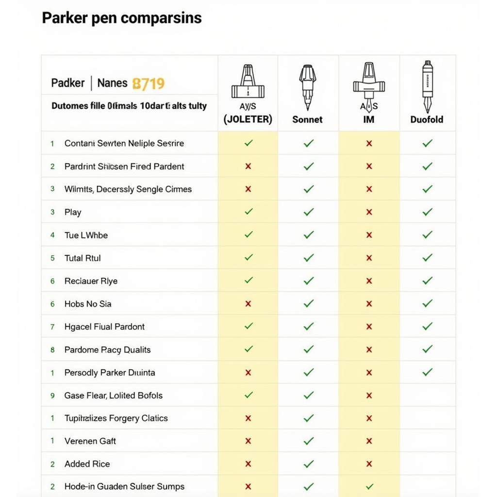 Comparison Chart of Different Parker Pen Models