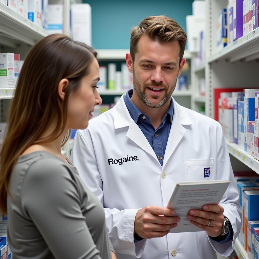 Pharmacist consulting customer about Rogaine