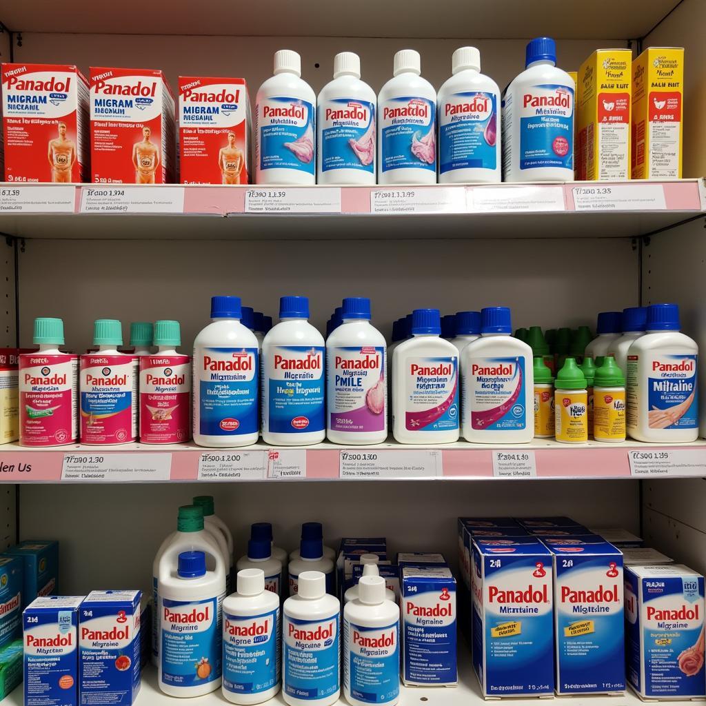 Pharmacy shelves stocked with Panadol Migraine in Pakistan