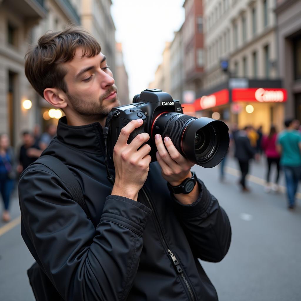 Photographer Capturing Moments with a Canon EOS M Camera