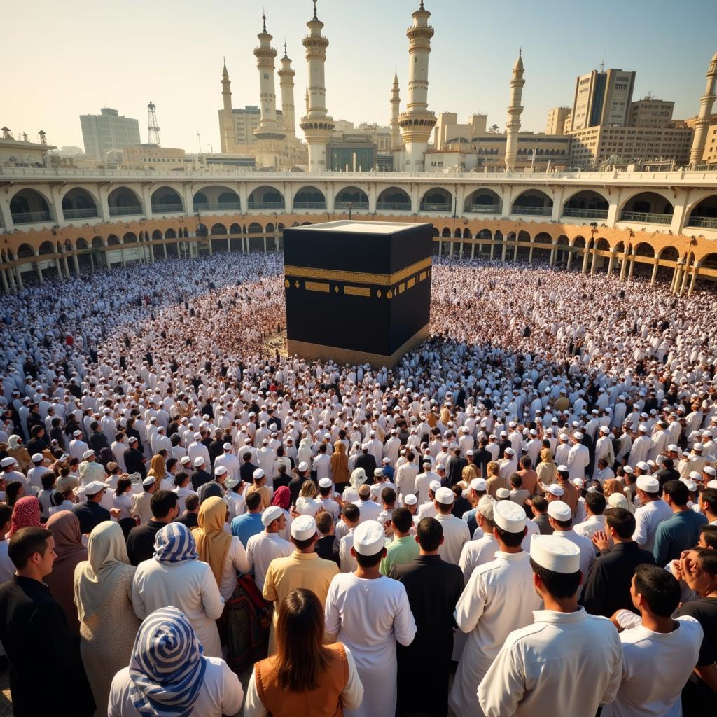 Pilgrims performing Tawaf around the Kaaba in Makkah