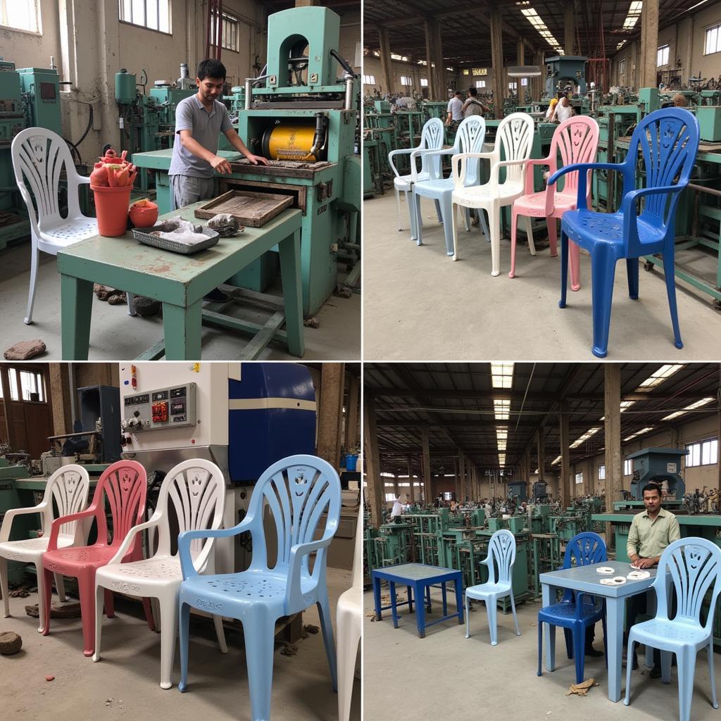 The manufacturing process of plastic chairs in a Pakistani factory.