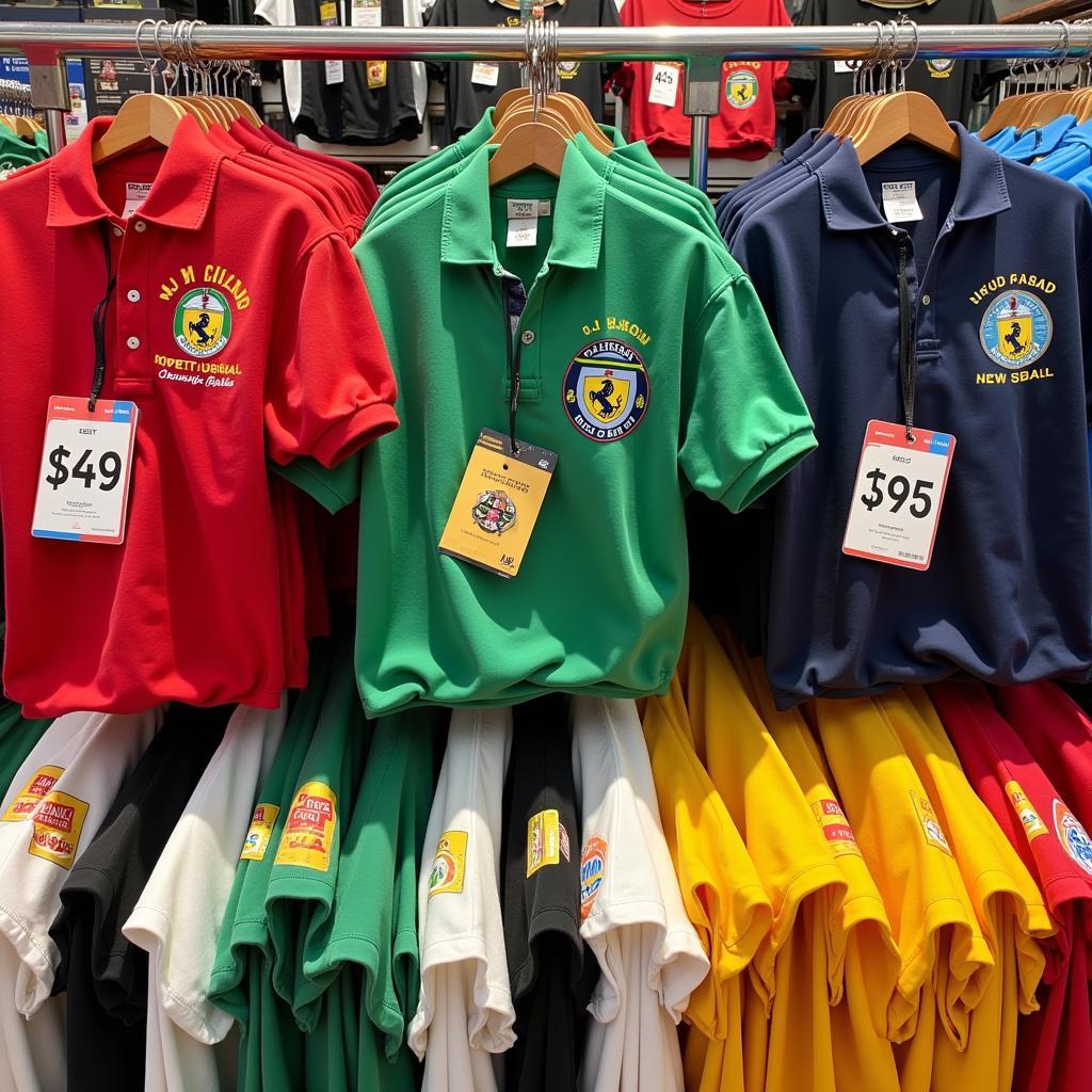 A display of various polo shirts in a Pakistani clothing store, showcasing different colors, brands, and price ranges.