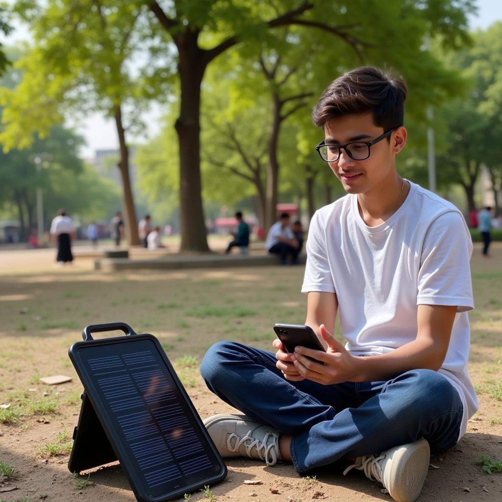 A person charging a phone with a portable solar charger in a park in Pakistan